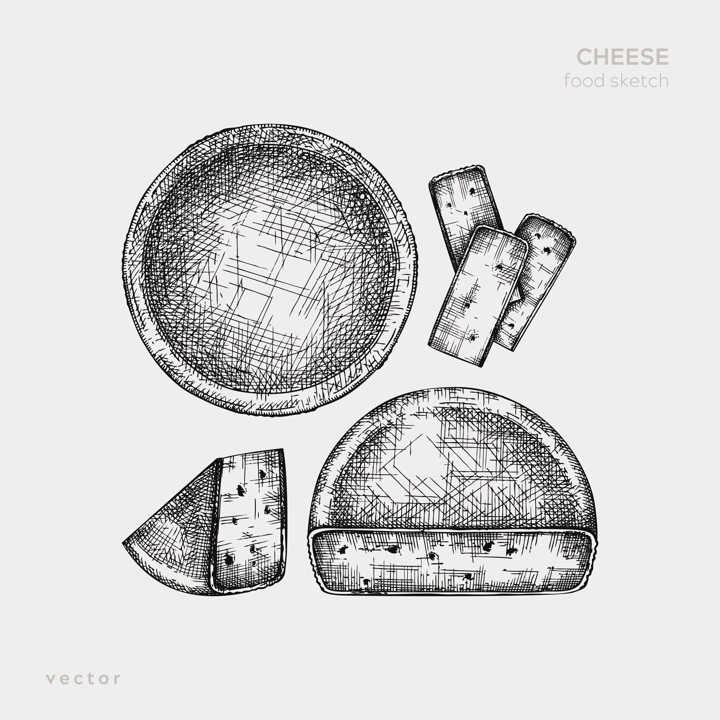 Cheese hand drawn illustration collection. Food design elements. Vector cheese sketches in engraved style. Dairy products drawings for menu, stores, banners, packaging design.